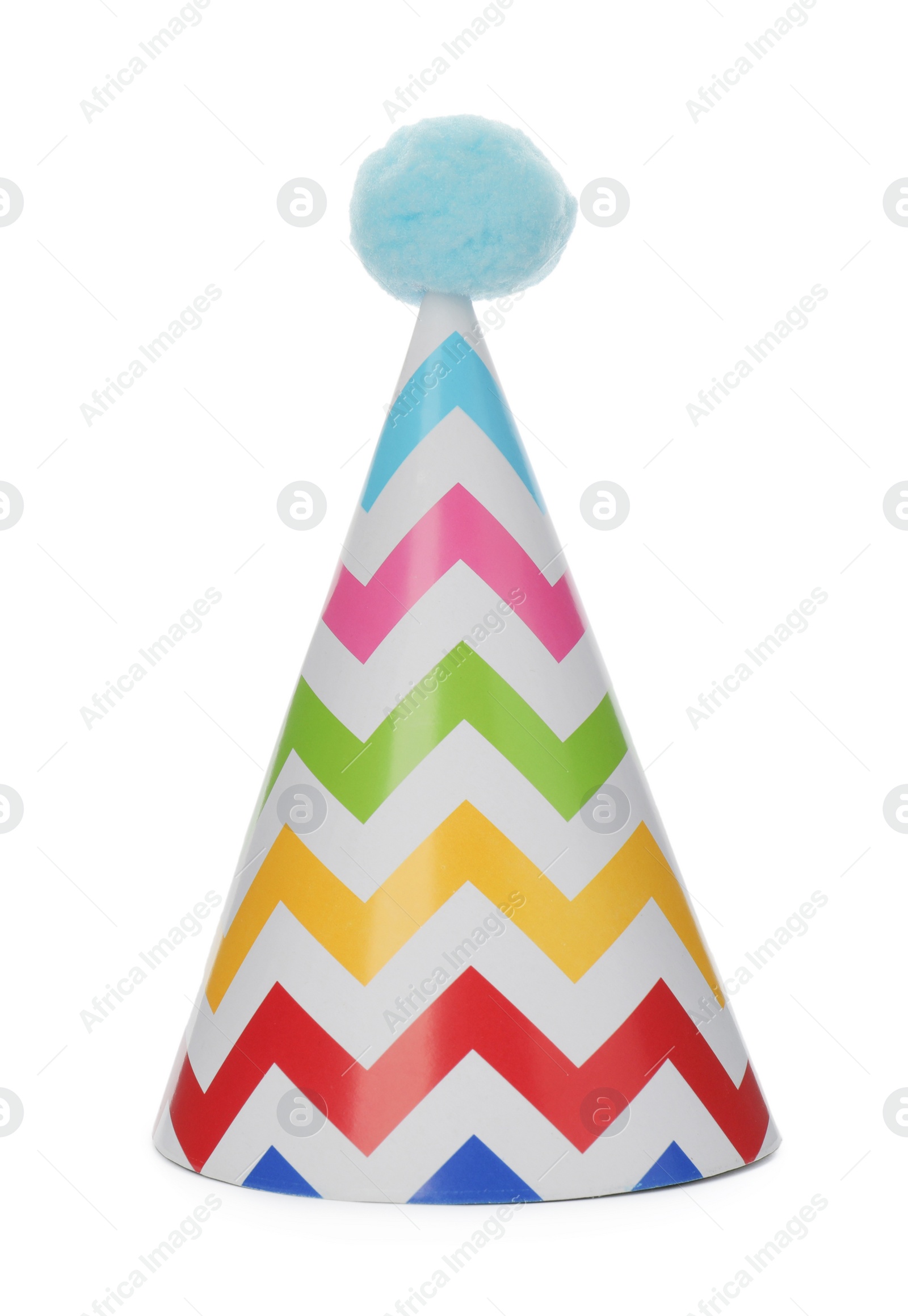 Photo of Bright party hat with fluffy pompon isolated on white. Festive accessory