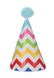 Bright party hat with fluffy pompon isolated on white. Festive accessory