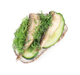 Photo of Delicious sandwich with smoked sprats, cucumber and dill isolated on white, top view