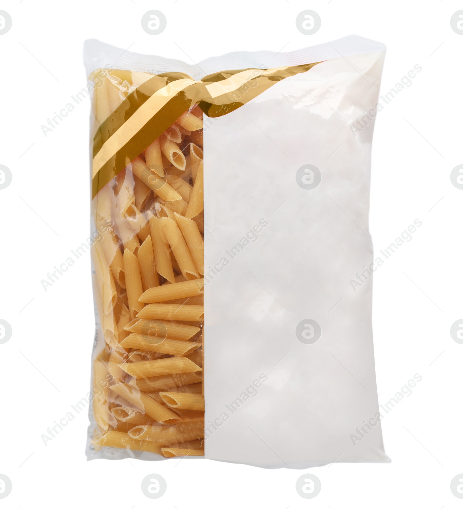 Photo of Uncooked penne pasta in plastic bag on white background, top view