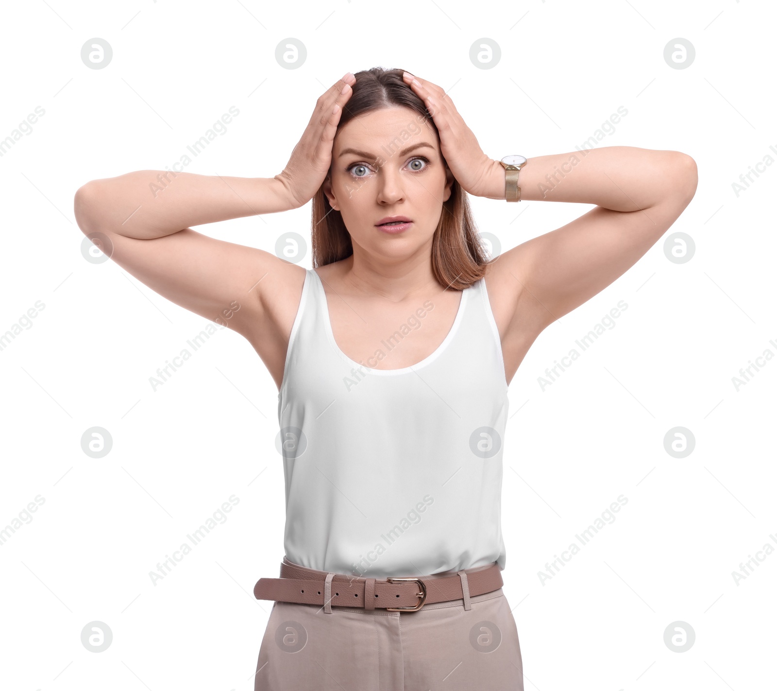 Photo of Beautiful emotional businesswoman posing on white background