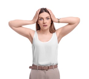 Beautiful emotional businesswoman posing on white background