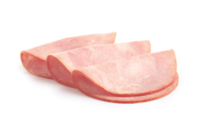 Photo of Slices of tasty fresh ham isolated on white