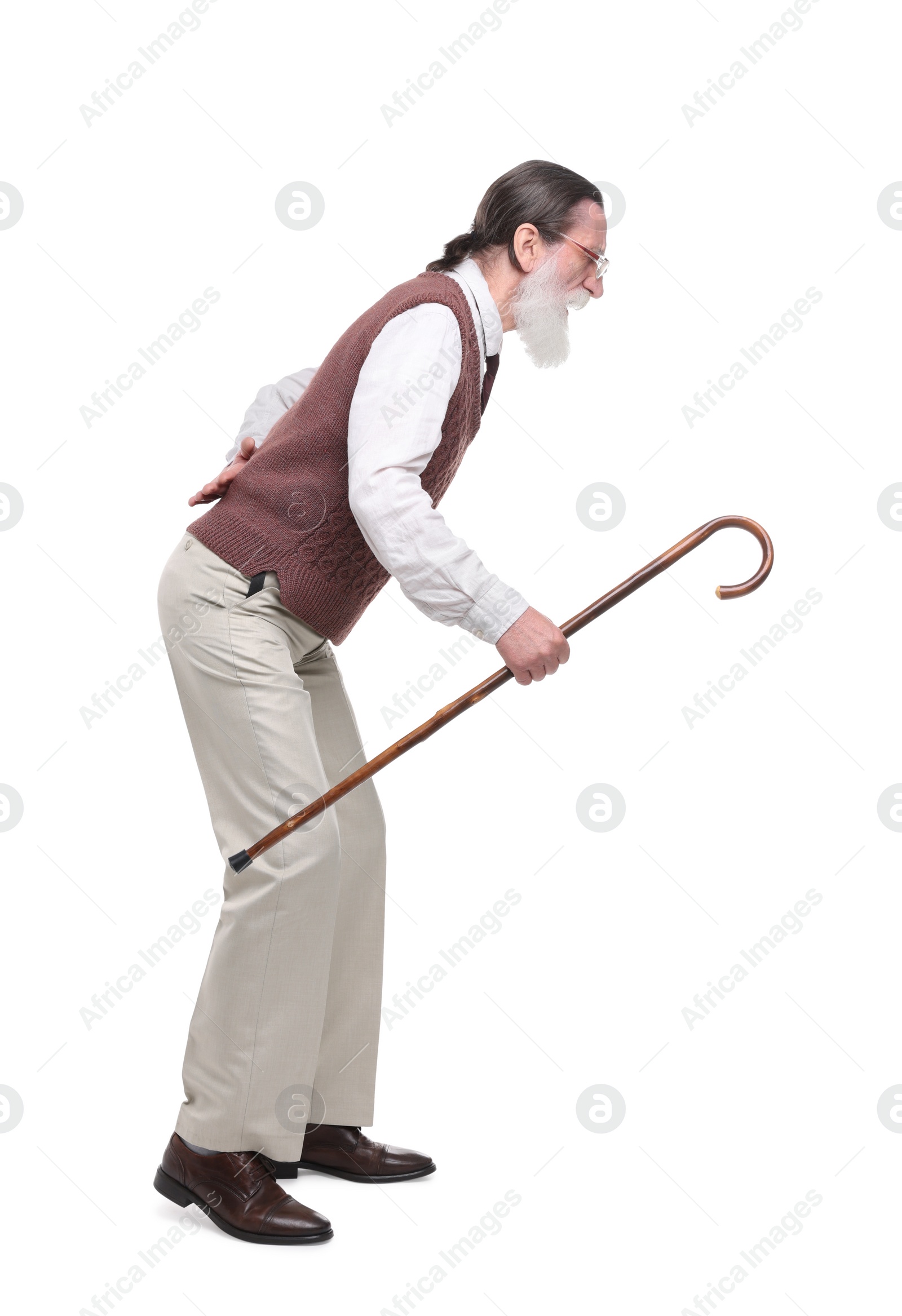 Photo of Senior man with walking cane on white background