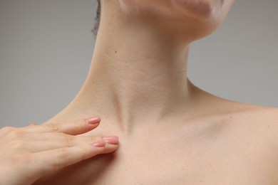 Photo of Beauty concept. Woman on grey background, closeup