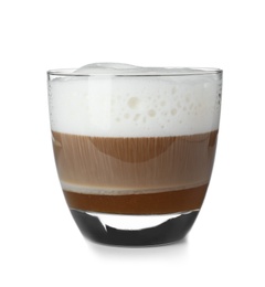 Glass with coffee and milk foam isolated on white