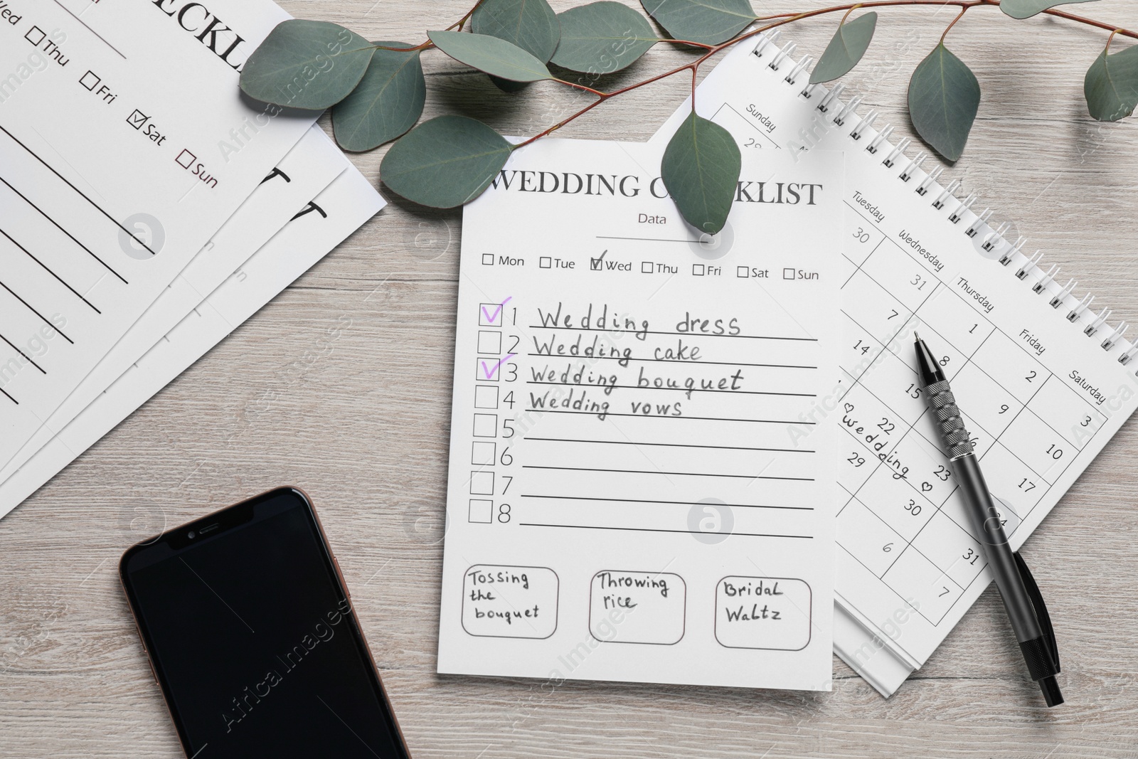 Photo of Flat lay composition with Wedding Checklist and calendar on wooden table