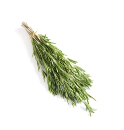 Photo of Fresh rosemary twigs tied with twine on white background