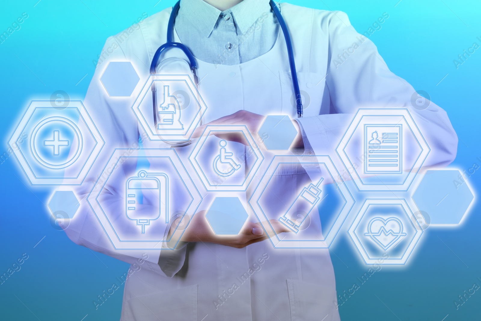 Image of Medical technology concept. Doctor and illustration of different icons on turquoise background