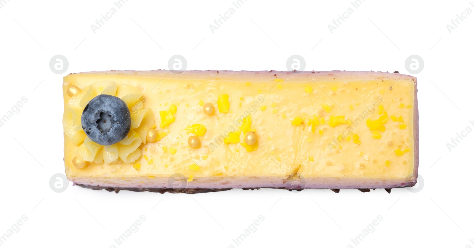 Photo of Delicious cheesecake with blueberry isolated on white, top view
