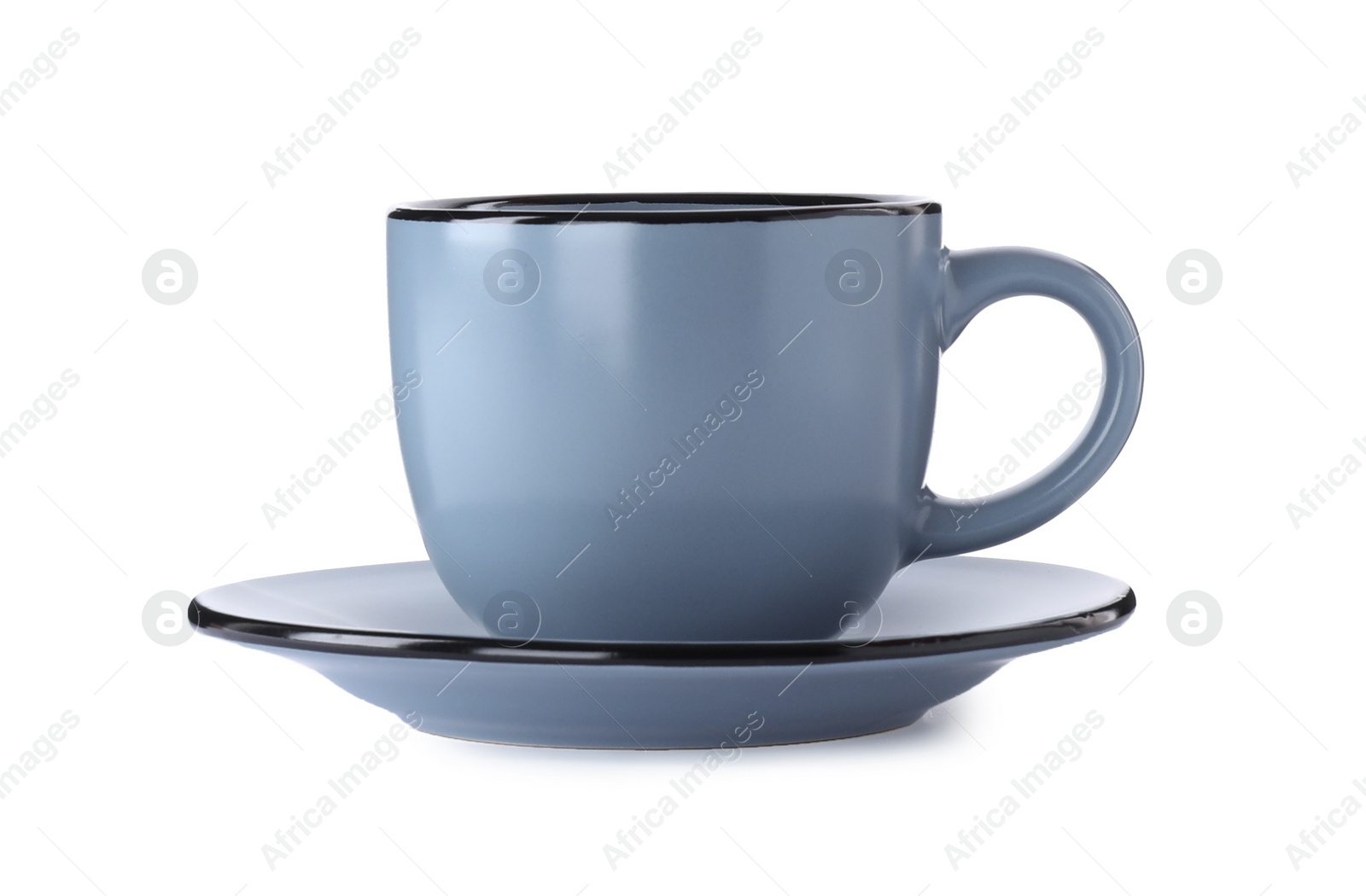 Photo of Beautiful blue cup with saucer isolated on white
