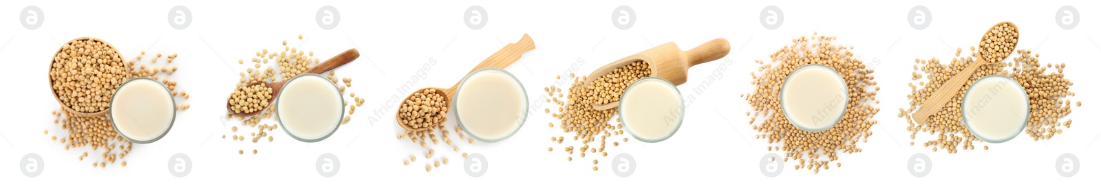 Image of Set with natural soy milk and beans on white background, top view. Banner design