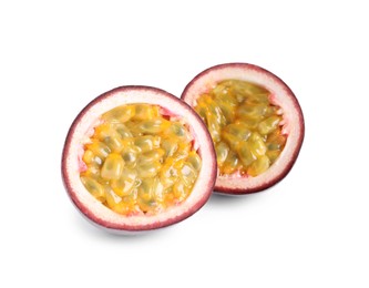 Photo of Cut ripe passion fruit isolated on white