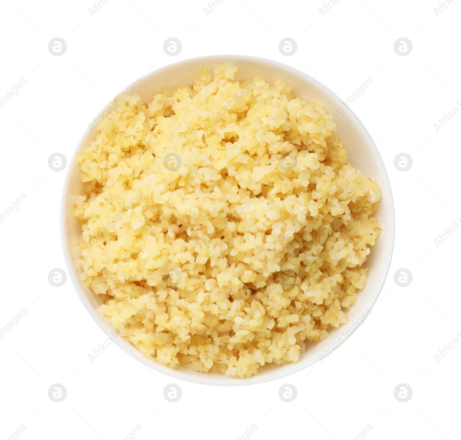 Photo of Delicious bulgur in bowl isolated on white, top view