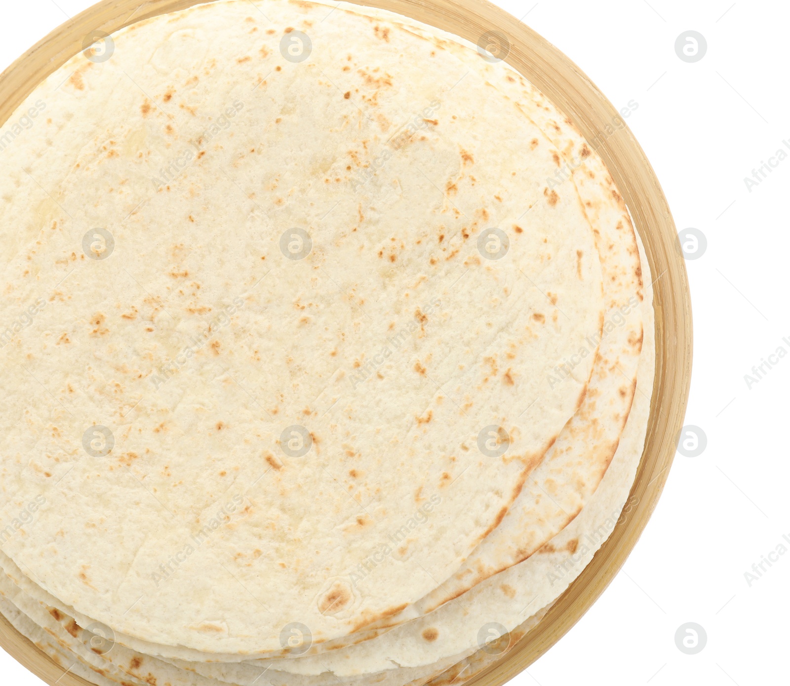 Photo of Stack of tasty homemade tortillas isolated on white, top view