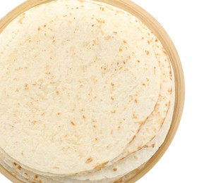 Stack of tasty homemade tortillas isolated on white, top view