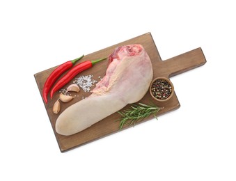 Photo of Raw beef tongue, peppercorns, garlic, salt, rosemary and chili peppers isolated on white, top view