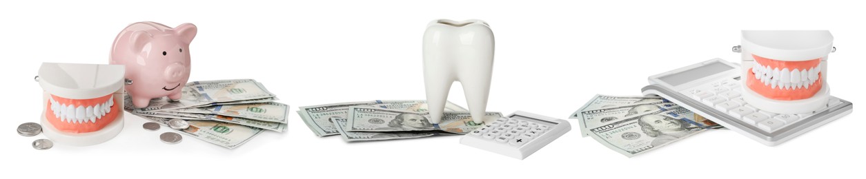 Image of Set with educational dental models and money on white background, banner design. Expensive teeth treatment