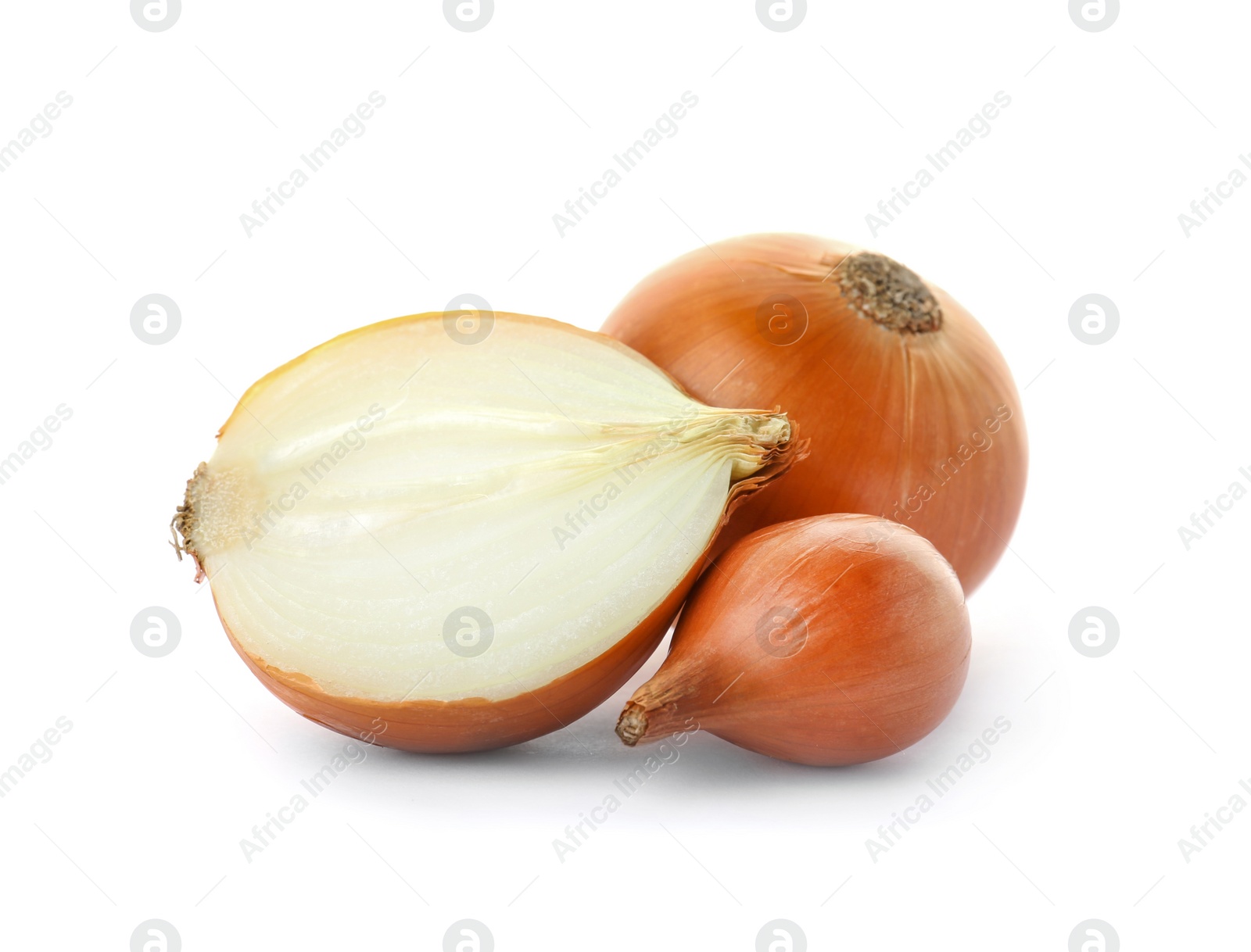 Photo of Fresh ripe onions on white background