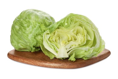 Photo of Whole and cut fresh green iceberg lettuces isolated on white