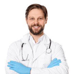 Doctor or medical assistant (male nurse) in uniform with stethoscope on white background