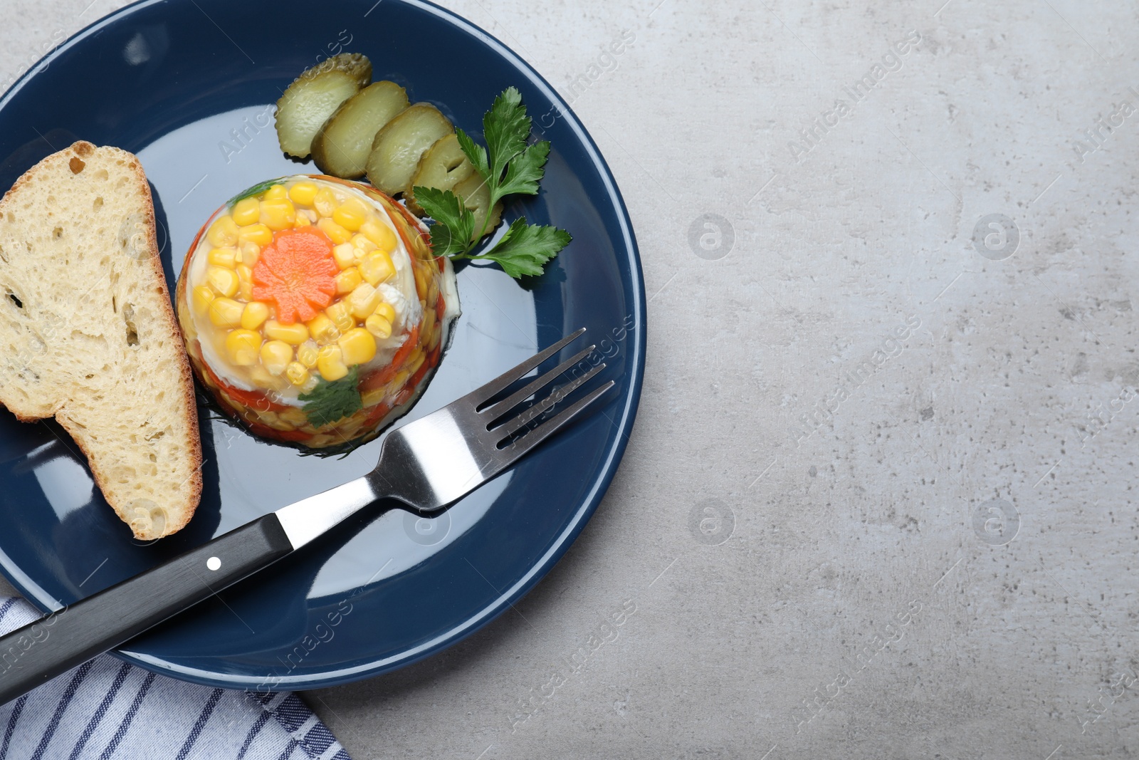 Photo of Delicious fish aspic served on grey table, top view. Space for text