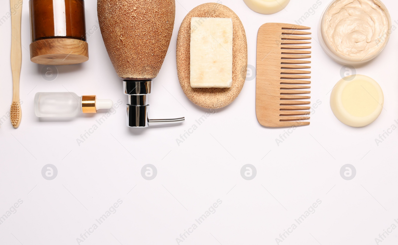 Photo of Bath accessories. Different personal care products on white background, flat lay