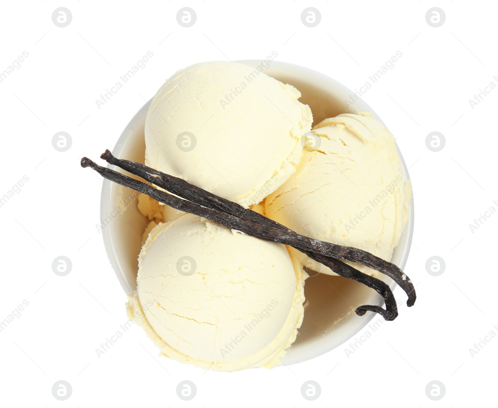Photo of Delicious ice cream with vanilla pods in dessert bowl on white background, top view