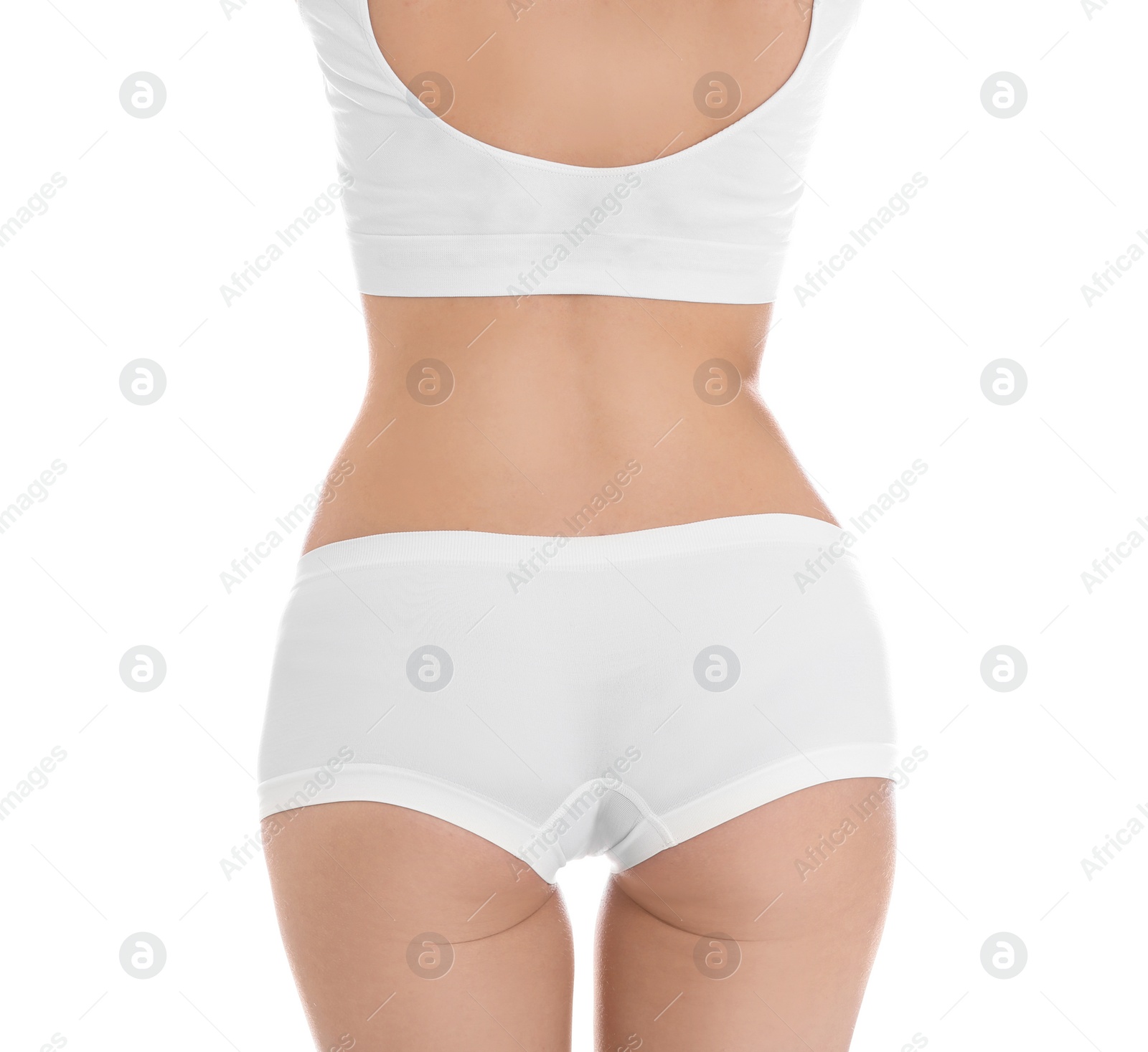 Photo of Young slim woman on white background, closeup. Weight loss