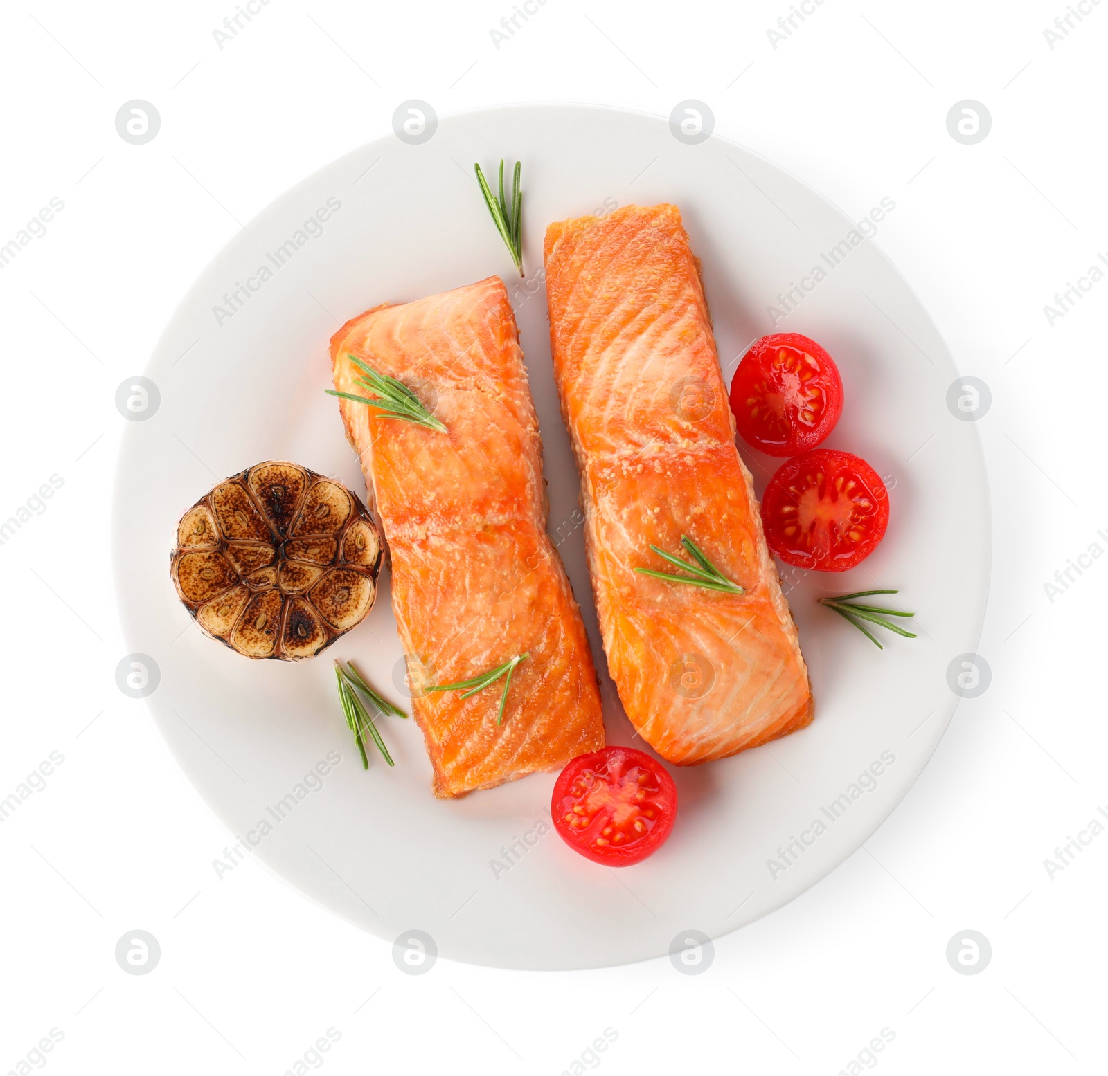 Photo of Delicious roasted fish isolated on white, top view