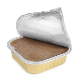 Photo of Pate in foil container isolated on white. Pet food