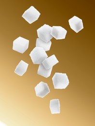 Refined sugar cubes in air on color gradient background