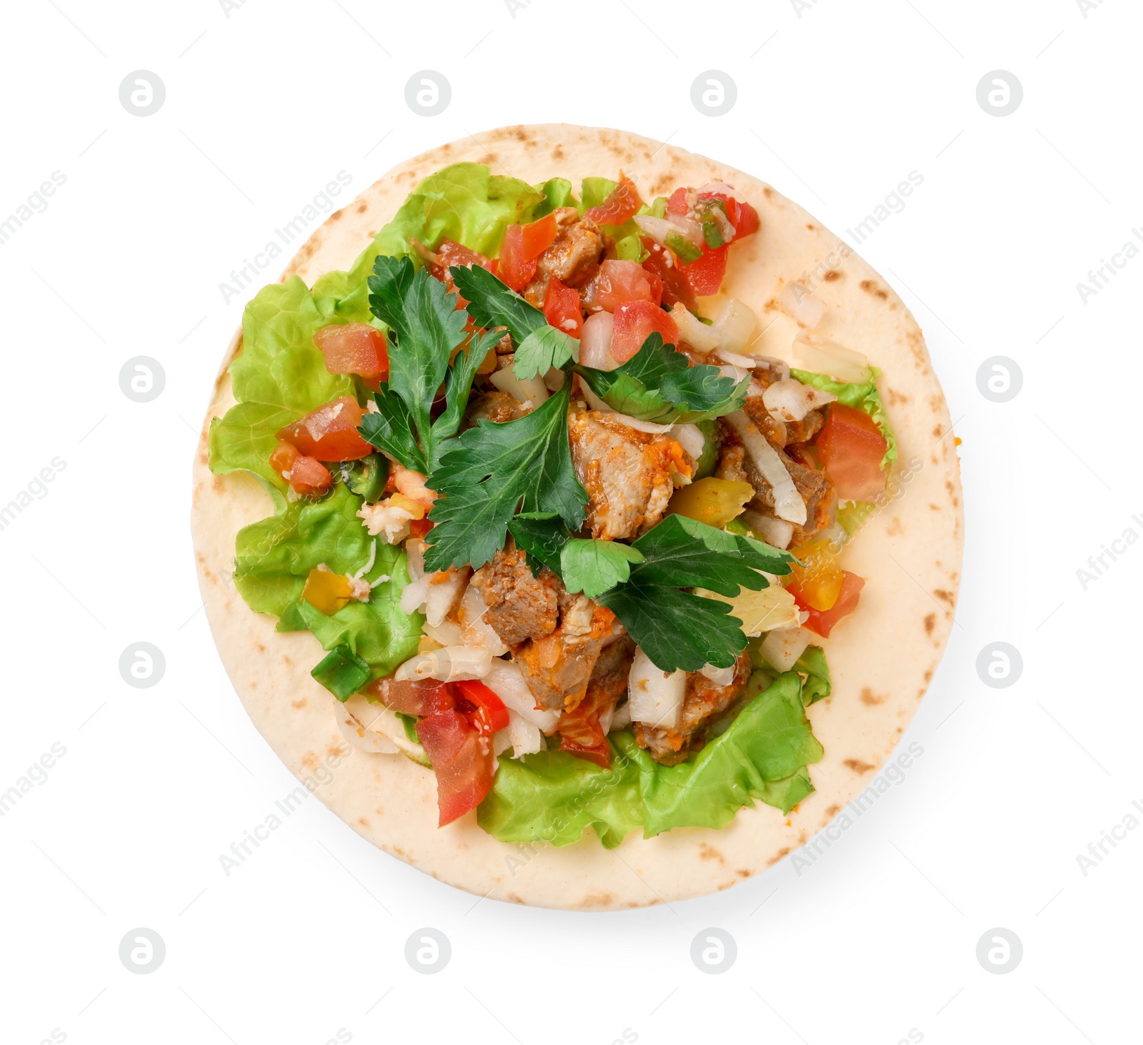 Photo of Delicious taco with vegetables and meat isolated on white, top view