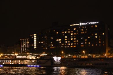 BUDAPEST, HUNGARY - APRIL 27, 2019: Beautiful night cityscape with InterContinental Hotel