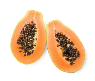 Photo of Fresh halved papaya fruit on white background, top view