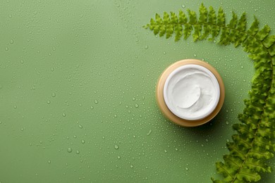 Photo of Jar of face cream and plant on wet green surface, top view. Space for text