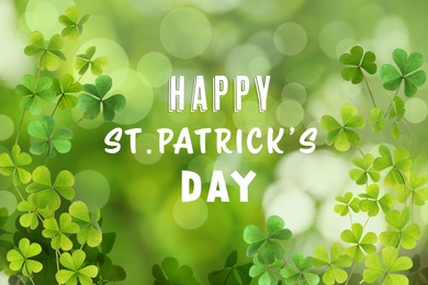 Image of Happy St. Patrick's Day. Clover leaves on green background, bokeh effect 
