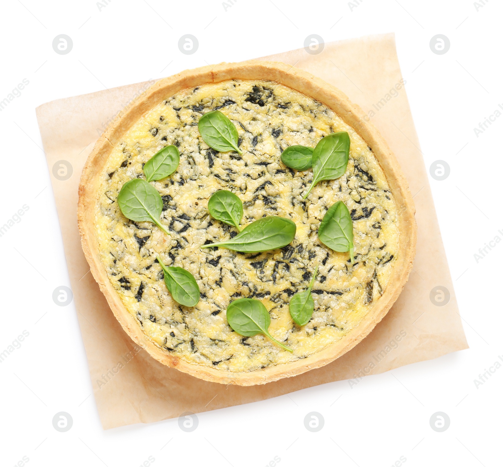 Photo of Delicious homemade spinach pie isolated on white, top view