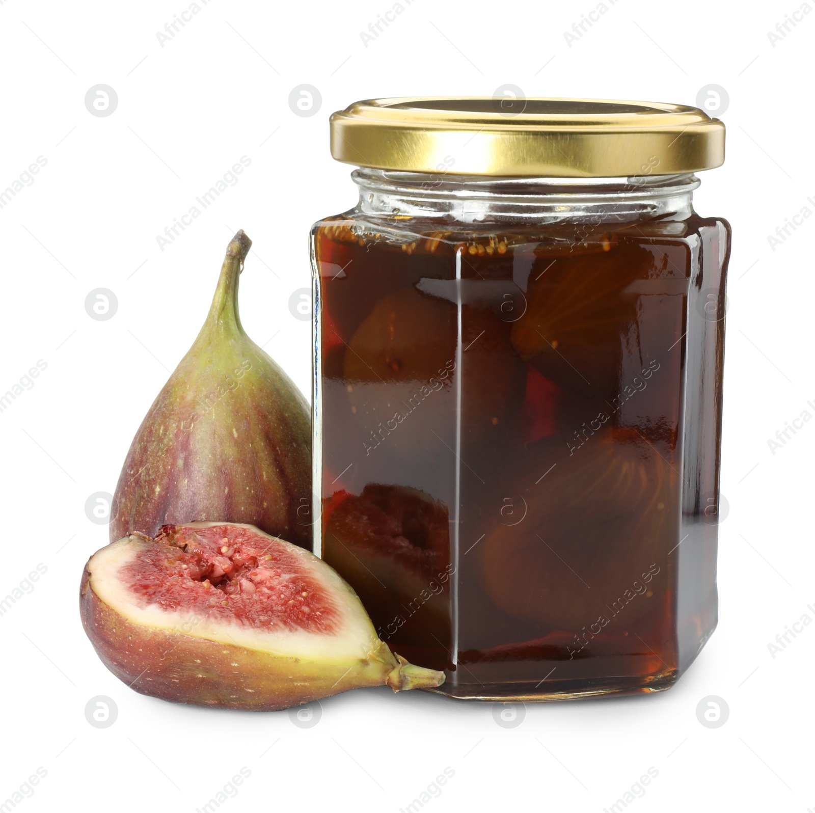 Photo of Jar of tasty sweet jam and fresh figs isolated on white