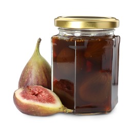 Jar of tasty sweet jam and fresh figs isolated on white