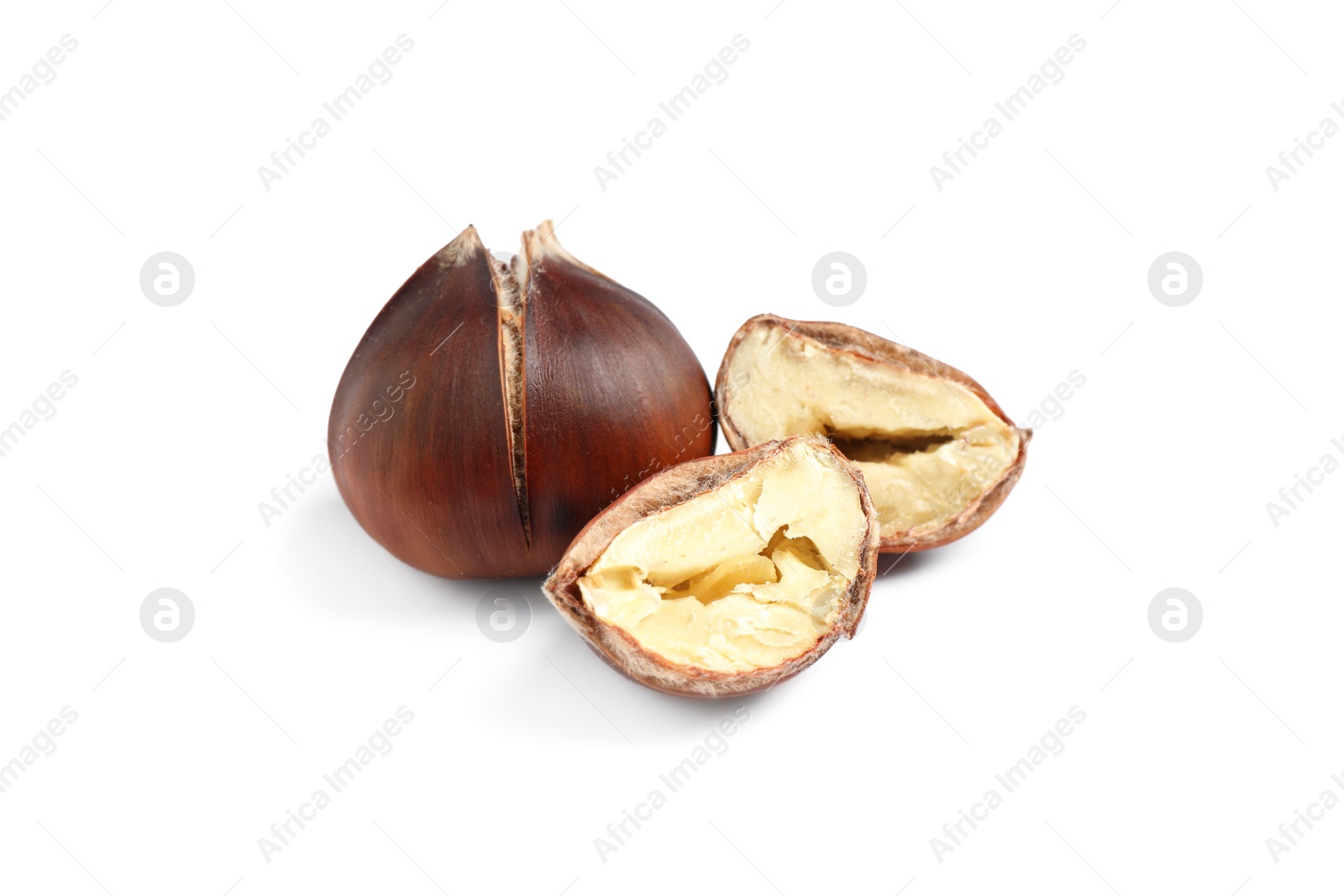 Photo of Delicious sweet roasted edible chestnuts isolated on white