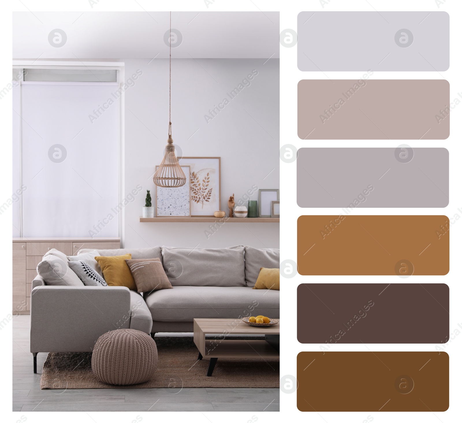 Image of Color palette and photo of stylish living room interior. Collage