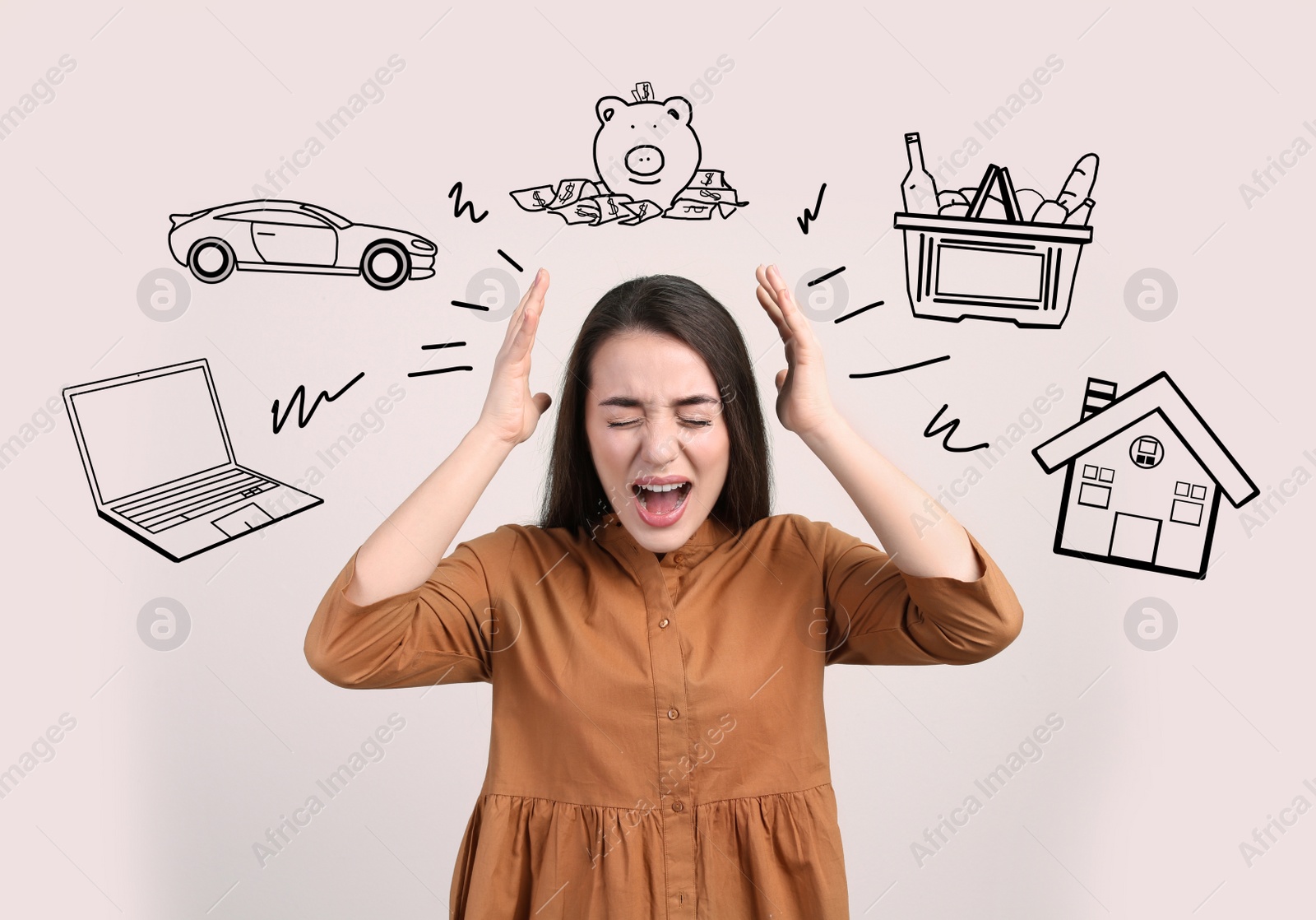 Image of Overwhelmed woman and illustration of different tasks around her on light grey background