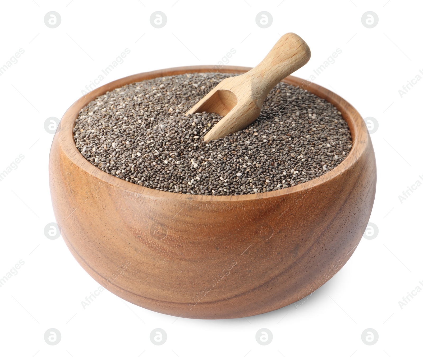 Photo of Wooden bowl with chia seeds and scoop isolated on white