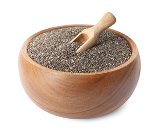 Photo of Wooden bowl with chia seeds and scoop isolated on white