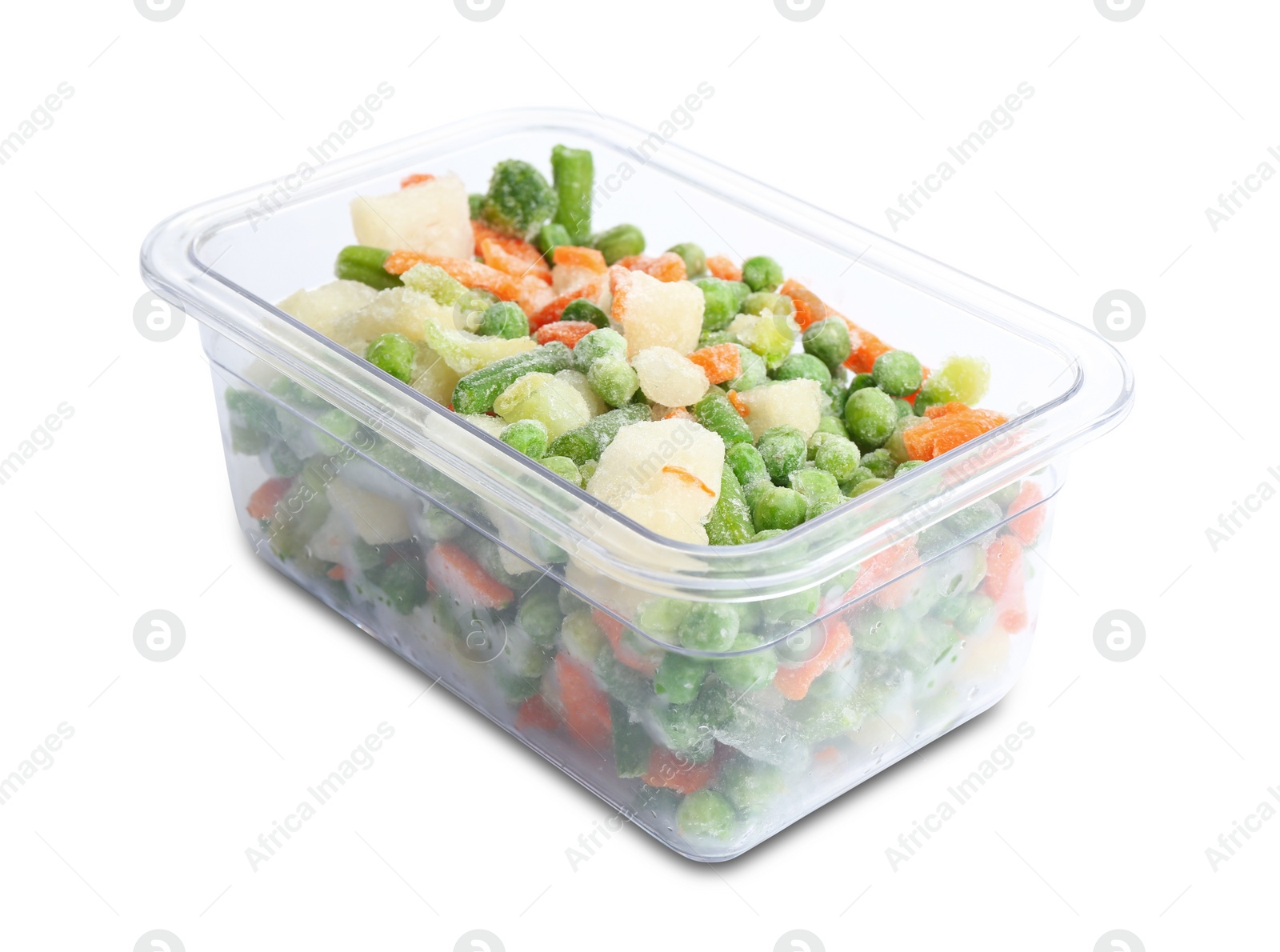 Photo of Frozen vegetables in plastic container isolated on white