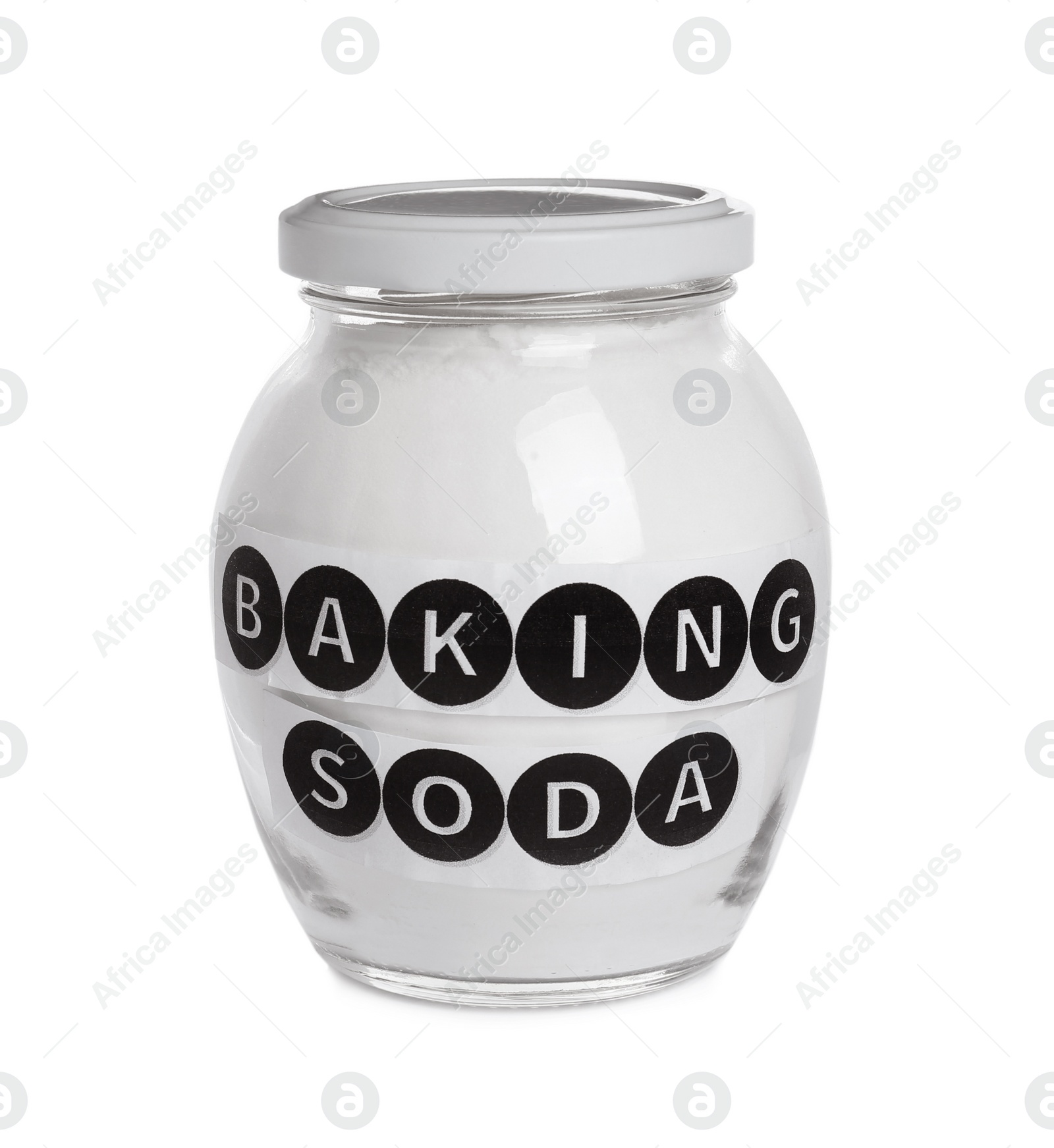 Photo of Closed jar of baking soda isolated on white