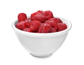 Photo of Bowl with ripe raspberries on white background