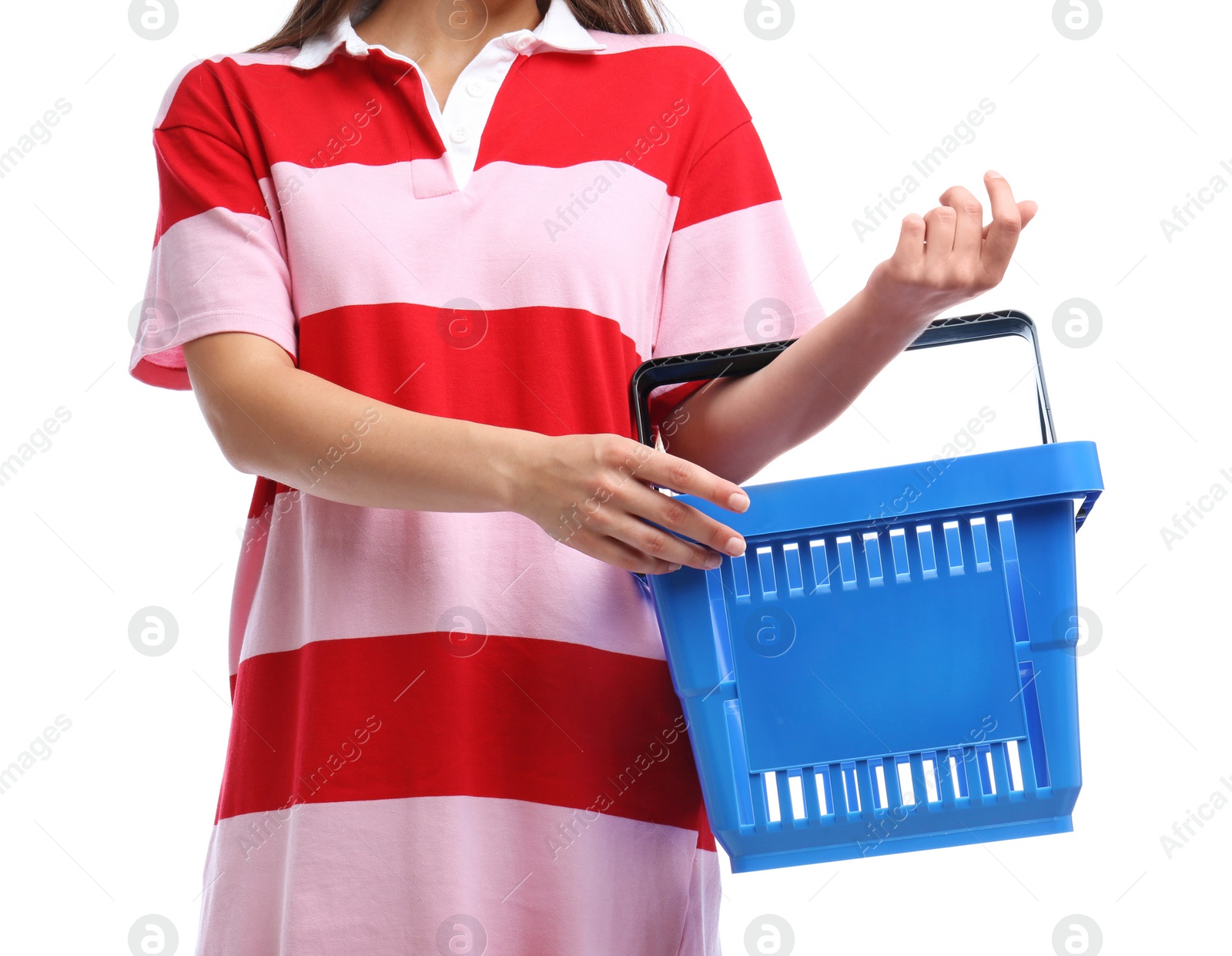 Photo of Woman with empty shopping basket isolated on white, closeup