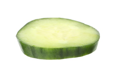 Photo of Cut fresh green cucumber on white background